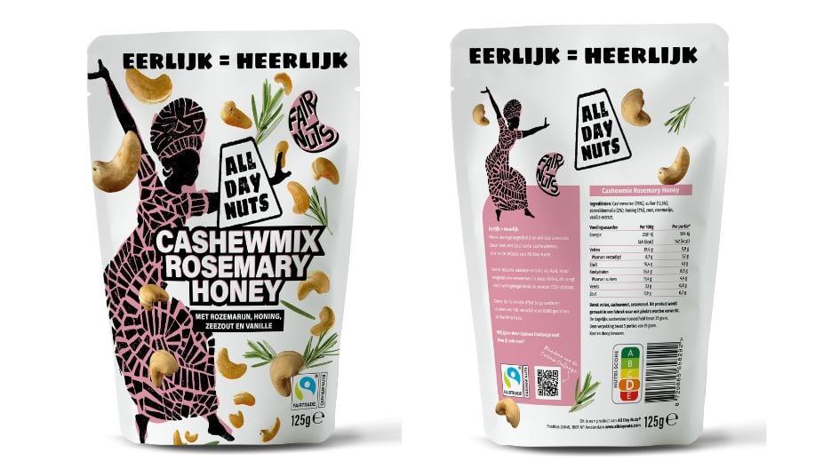 All Day Nuts’ redesign verpakking: kleurrijk verhaal in zwart-wit