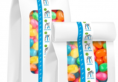 Voedselveilige tapewrap van Supertape voor het hersluiten van flexibele verpakkingen.