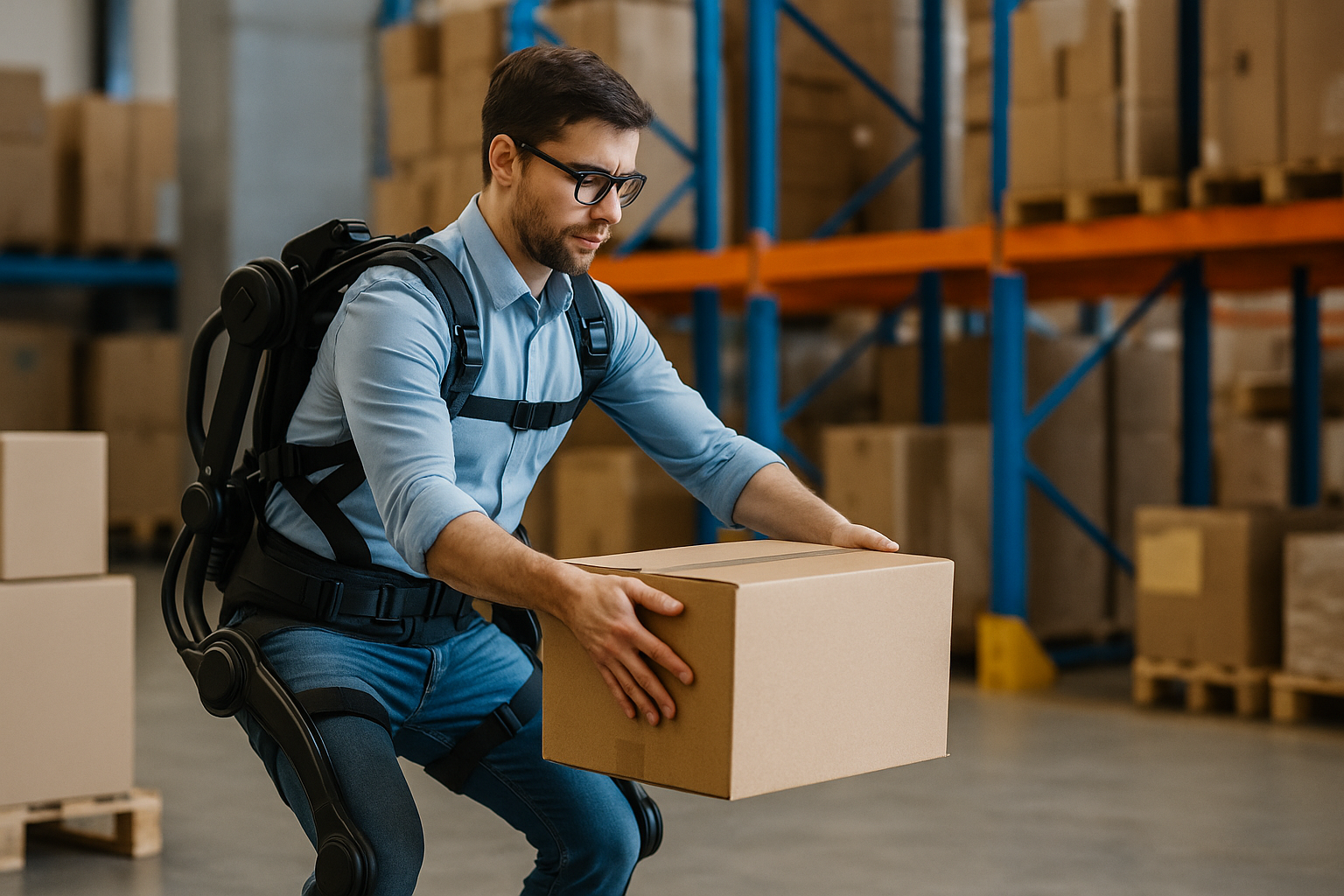 Werker met exoskelet in magazijn