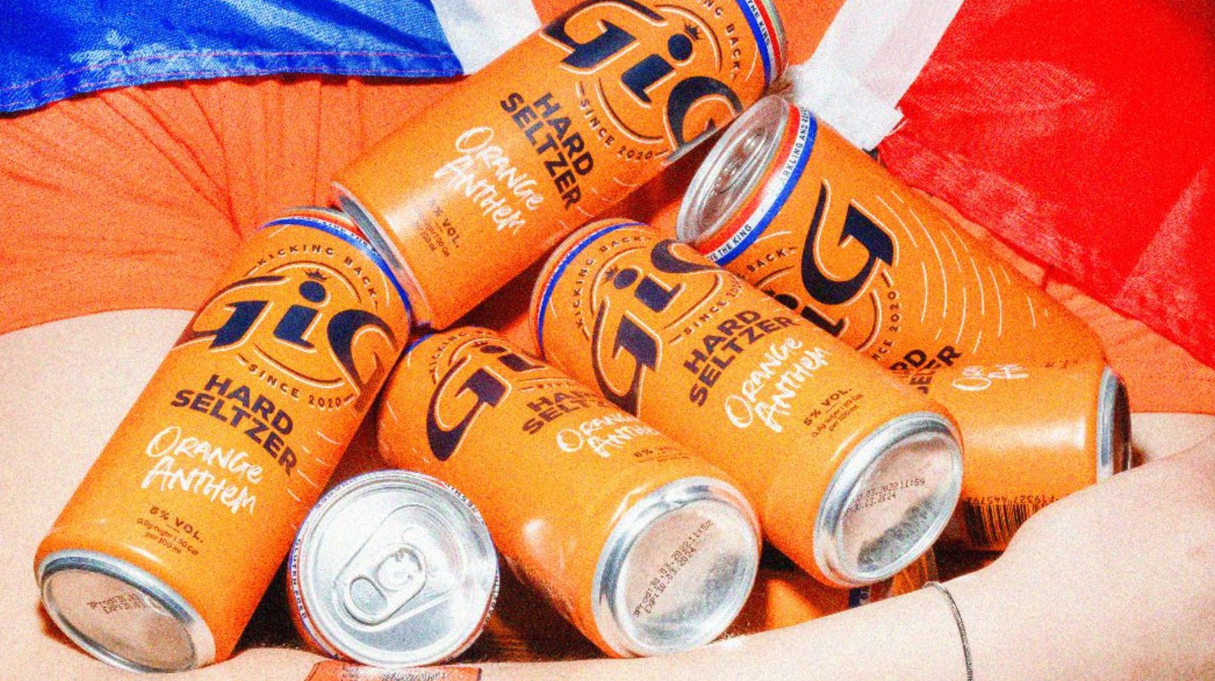 Speciaal voor Koningsdag 2024 lanceert GiG hun hard seltzer GiG Orange Anthem in een nieuwe verpakking