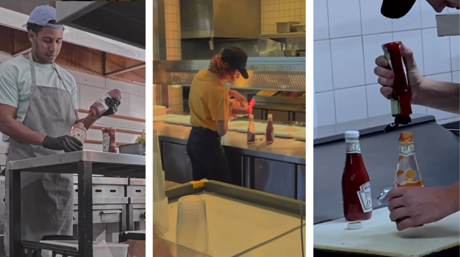 Restaurant medewerkers gieten ketchup in lege Heinz fles