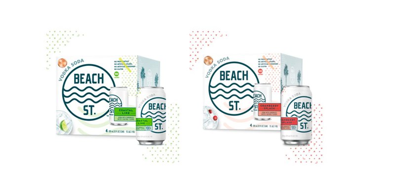 De blikjes van Beach St. worden verpakt in een kartonnen doos met een opvallend design.