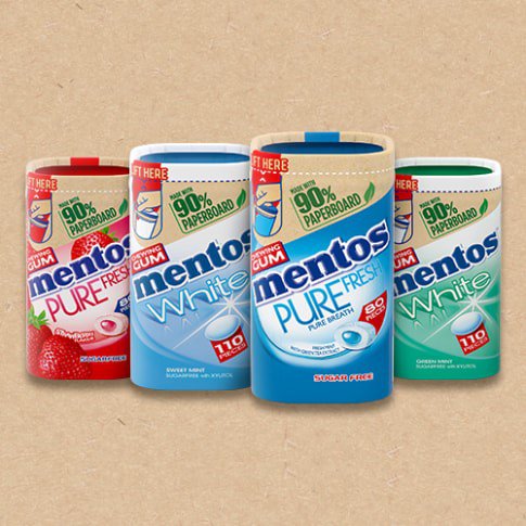 Mentos Gum gaat van een plastic naar een kartonnen potje.