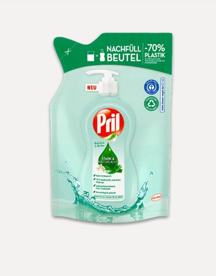 Het Pril handafwasmiddel is verkrijgbaar in een 100% gerecyclede PET-pompdispenserfles. De recyclebare mono PE-navulverpakkingen zijn afkomstig van Mondi.
