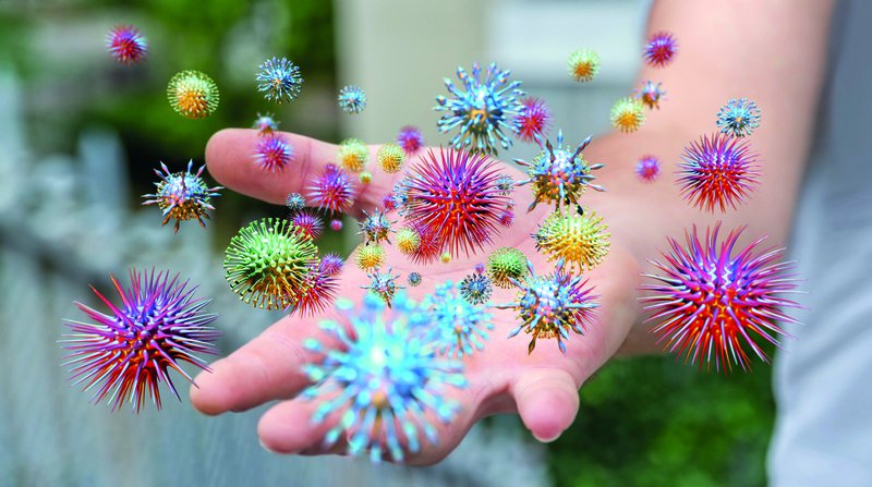 Close up on a sick man hand transmitting virus by skin contact 3D rendering