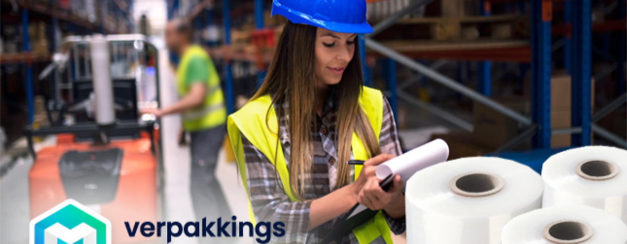 Woman wearing hard hat inside a warehouse