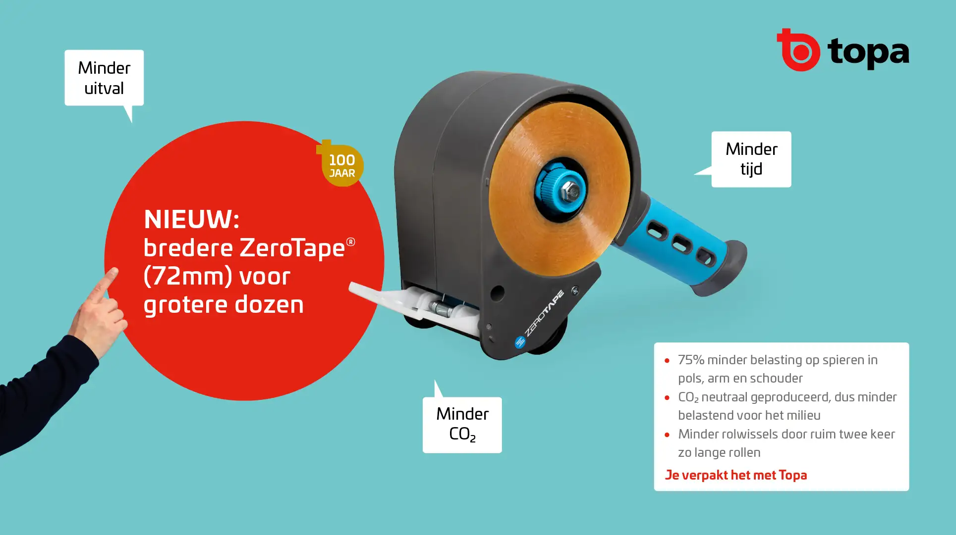Topa introduceert de ZeroTape dispenser voor grotere dozen.